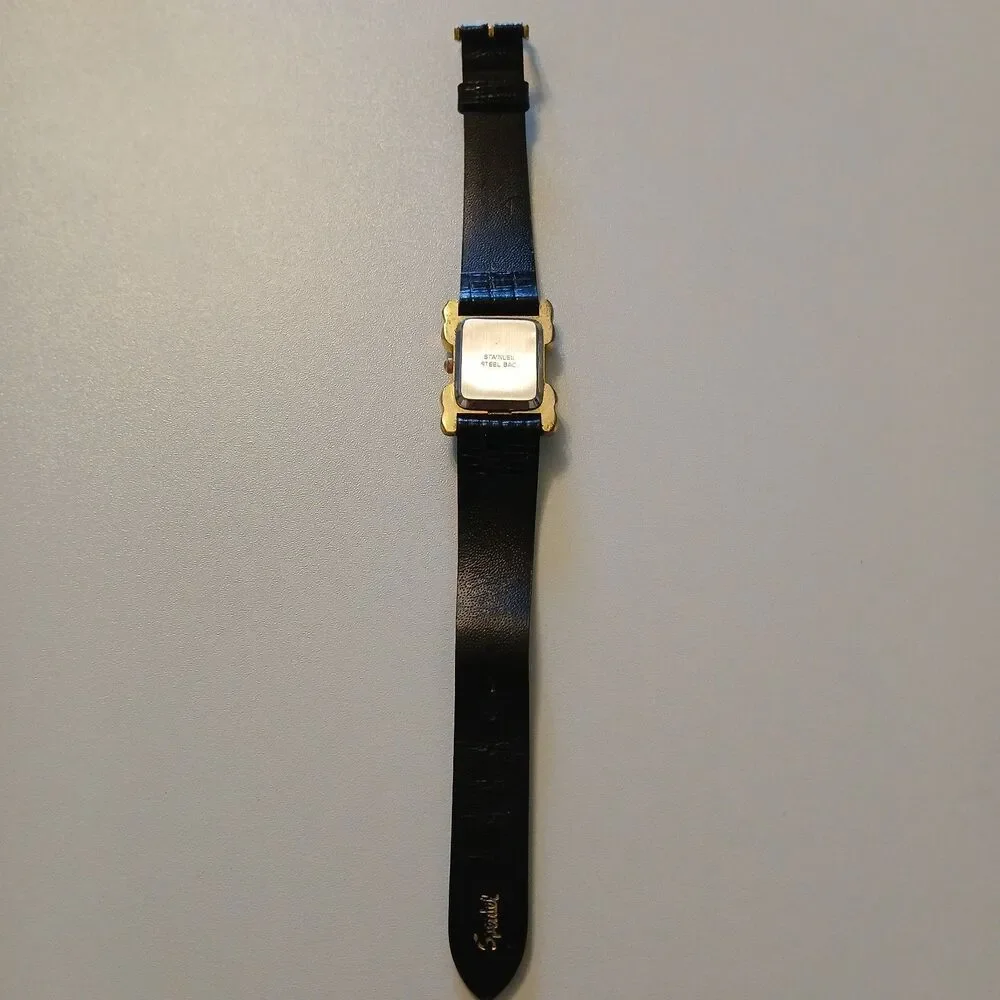 VTG 90s St. Bernard Women Quartz Watch Black Dial Gold Tone Accent 19.6mm
